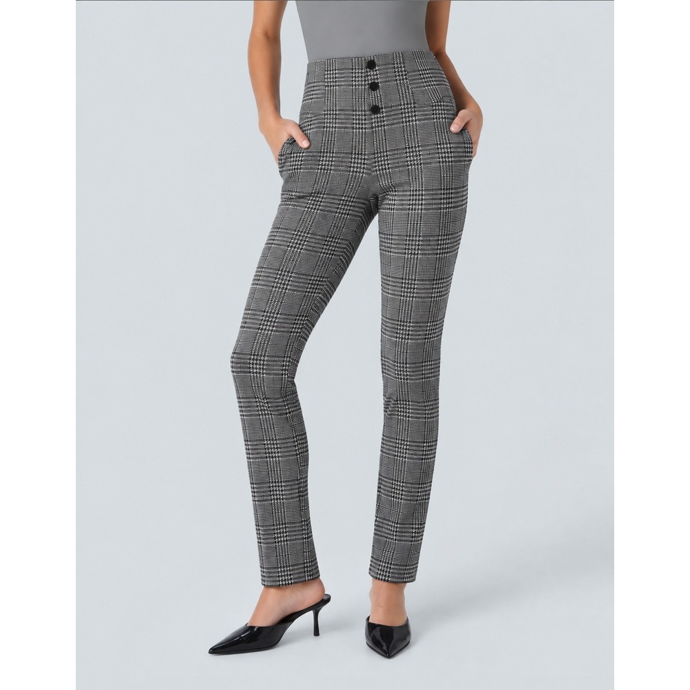 Halara Flex High Waisted Houndstooth Plaid Work Pants Grey Black Small NWT